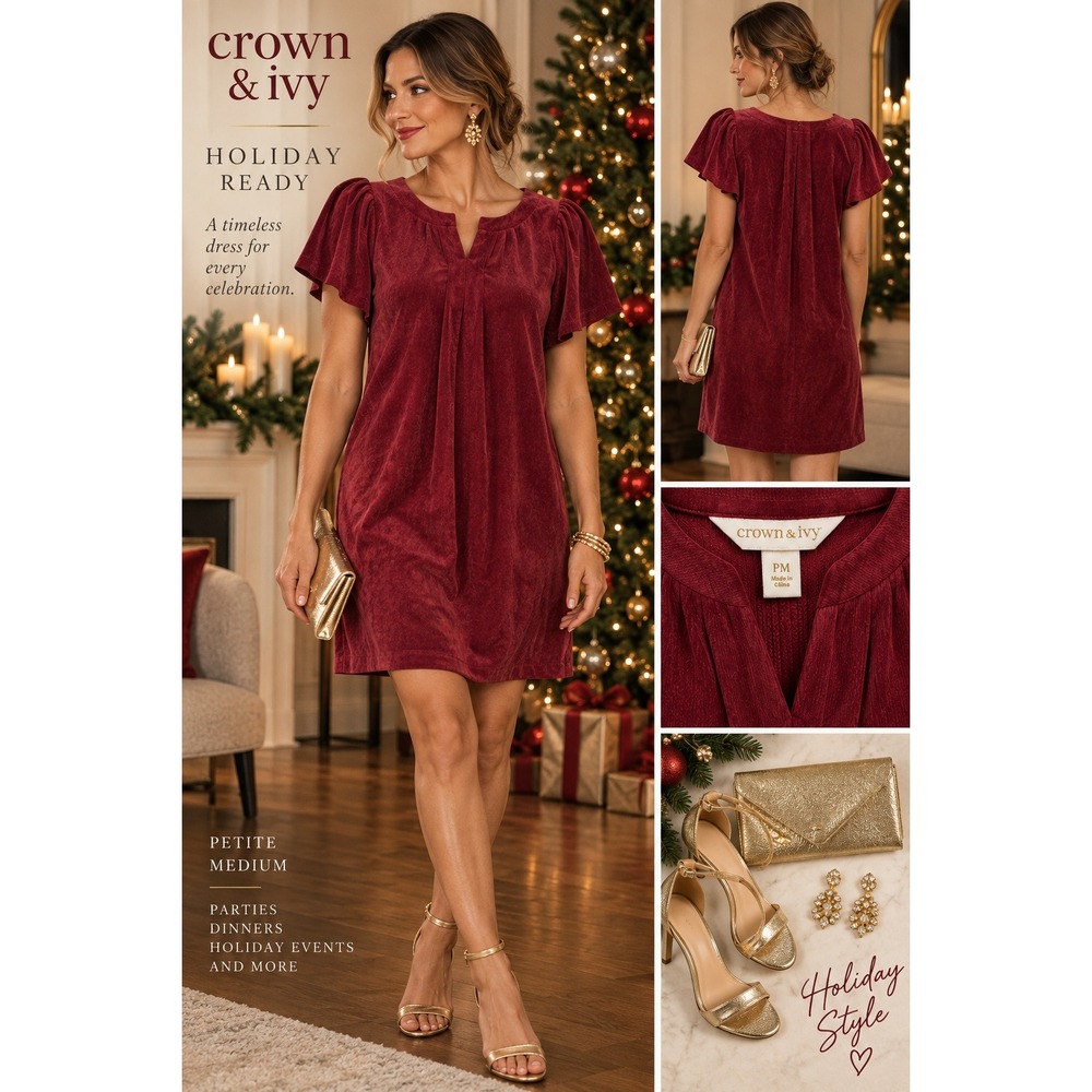 Crown & Ivy Petite Medium Burgundy Corduroy Flutter Sleeve Shift Dress Pockets